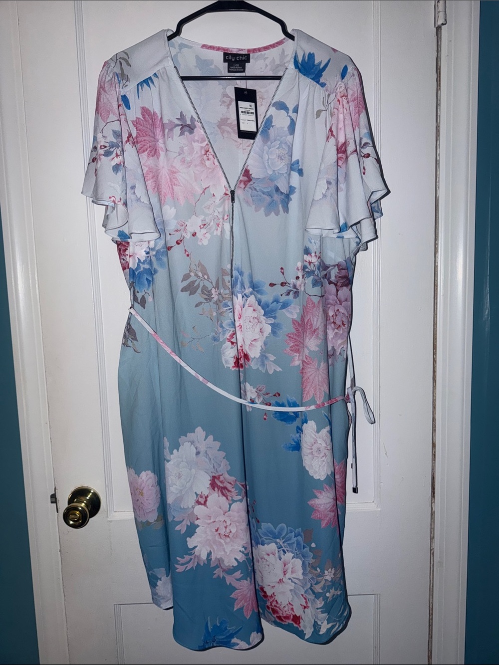 City Chic Blue Floral Wrap Dress with Pink Blooms